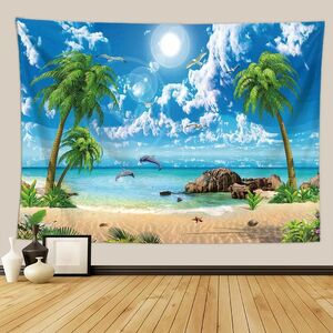タペストリー金具付F49　海　ヤシの木　ビーチ　砂浜　夏　快晴　青空　イルカ　リゾート　癒し　自然　壁アート　デコレーション