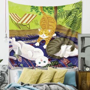 タペストリー金具付51　三匹の猫　イラスト　可愛い　壁掛け　布ポスター　背景布　愛猫　ウォールデコ　模様替え　　