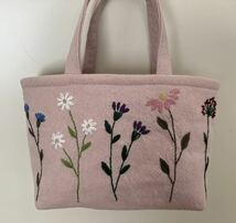 両面刺繍 handmade野花の手刺繍 ミニトートバッグ (ピンクリネン)ハンドメイド コットンリネン バッグインバッグ　母の日のプレゼントに_画像6