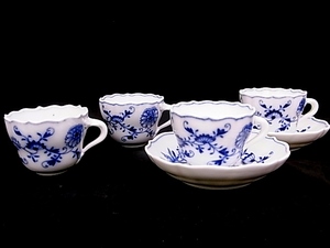 h0786 Meissen マイセン カップ＆ソーサー Blue Onion　ブルーオニオン カップ４客　ソーサー２客