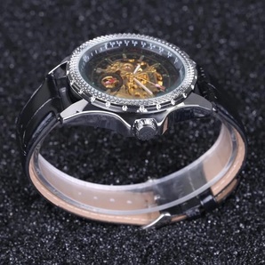 腕時計ジャラガル高級時計男性シルバーレザーメカニカル腕時計自動スケルトンドレスカジュアルビジネスの画像2
