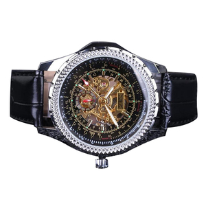 腕時計ジャラガル高級時計男性シルバーレザーメカニカル腕時計自動スケルトンドレスカジュアルビジネス