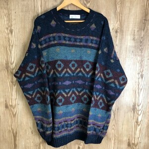 UK製 90s VINTAGE MARKS&SPENCER オリエンタル柄 総柄 マルチ ニット セーター メンズXLサイズ 90年代 古着 e24031507