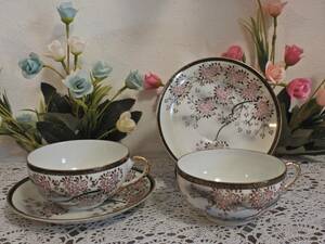 Art hand Auction 2 pairs of antique Old Nippon eggshell cups and saucers, Fully hand-painted cherry blossom pattern/gold finish, tea utensils, Cup and saucer, coffee, For both tea and tea