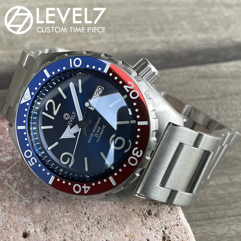 日本製 ハンドメイドの腕時計 20気圧防水 自動巻き SEIKO NH36 サファイアダブルドーム風防 316Lステンレス 腕時計 LEVEL7, メンズ腕時計, アナログ(自動巻き), 3針+カレンダー