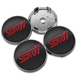 【送料込】STI センターキャップ(銀) ステッカー(黒/赤)１台分セット アルミ製 スバル SUBARUの画像1