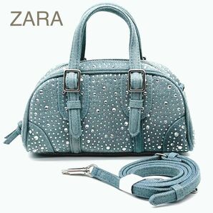 未使用品級　ZARA ラインストーン　ハンドバッグ ショルダーバッグ ミニボストンバッグ デニム　2way キラキラ