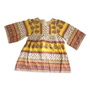 シップス Vネック 半袖 五分袖 イエロー オレンジ 総柄 エスニック風 アジアン風 ブラウス Tシャツ プルオーバー