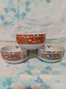 吾山窯 美濃焼 陶器 金彩 絵変わり 古伊万里 花絵 中丼鉢 小丼 煮物椀 3客分 