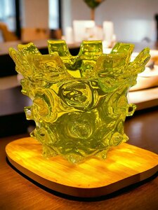花瓶 花びん 花器 ガラス フラワーベース レモンイエロー 黄色 アートグラス ヴィンテージ