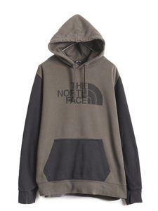 ノースフェイス プリント スウェット フード パーカー メンズ L 古着 The North Face プルオーバー 裏起毛 トレーナー 薄手 2トーン 黒 緑