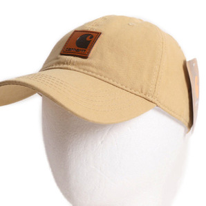 デッドストック カーハート コットン ワーク ベースボール キャップ 帽子 CARHARTT キャンバス ハット ワンポイント レザーパッチ ベージュの画像1