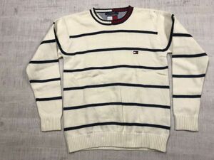 トミーヒルフィガー TOMMY HILFIGER アメカジ トラッド 古着 ボーダー コットンニット セーター メンズ 綿100% XS オフホワイト