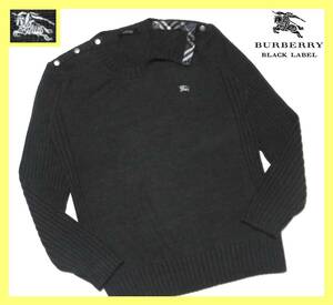 大人気サイズ L(3)美品 バーバリーブラックレーベル ホース刺繍 ショルダーメタルボタン/ ノバチェック柄デザイン 羊毛混紡 ニットセーター