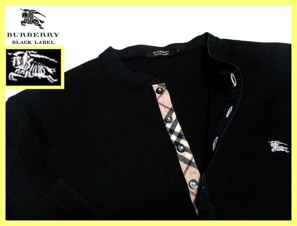 大人気サイズ L(3) 美品 バーバリーブラックレーベル ホワイトホース刺繍 前立てノバチェック柄 ヘンリーネック リブニット ロングTシャツ