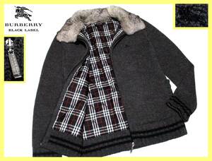 美品 バーバリーブラックレーベル ホース刺繍 ラビットファー 裏地ノバチェックデザイン ジップアップ ニットジャケット サイズM(2)
