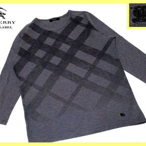 美品 M(2) バーバリーブラックレーベル BURBERRY BLACK LABEL カットソー 7分袖 グレー バイアスノバチェック ホース刺繍 即決送料無料