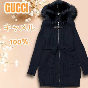* beautiful goods *GUCCI Gucci long knitted cardigan Camel CAMEL HAIR belt hose bit black black fur fur coat leather original leather 