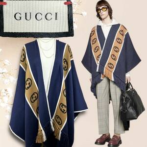 ☆人気デザイン☆GUCCI ストール ポンチョ インターロッキング ユニセックス メンズ レディース 男女兼用 ネイビー 紺 大判 フリンジ GG