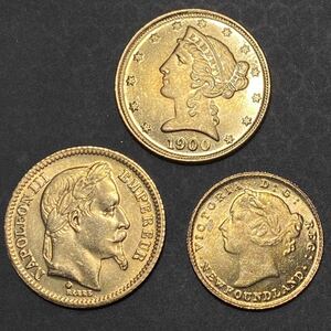 金貨　小型　3枚まとめ　イギリス　アメリカ　フランス　古銭　合計約10.81g 一円貨幣　硬貨骨董品コインコレクション