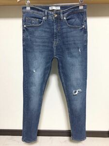 伸縮性抜群 春夏用 ZARA MAN ウルトラ ストレッチ スキニー 送料210円 40 31 ダメージ デニム メンズ パンツ ジーンズ ブルー 青