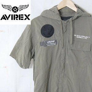 アヴィレックスAVIREX■ストレッチ フード ジップ シャツ シャツジャケット ワッペン フードビッグロゴ 6105092■L■カーキ ※NK4216144