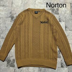 Norton ノートン ニット セーター ケーブル編み 刺繍ロゴ ビッグシルエット Vネック ベージュ サイズXL 玉FS1317