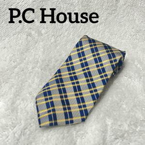 P.C House HOMME シルクネクタイ　メンズ　紳士　ブルー×イエロー