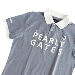 美品 2021年モデル PEARLY GATES パーリーゲイツ / 半袖 ポロシャツ / メンズ 7 (2XL) / 白 × 青 ストライプ柄 シアサッカー ゴルフウェア