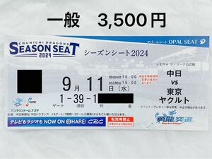 中日ドラゴンズ主催　９／１１　バンテリンドームナゴヤ　内野Ｂ　3塁側　1席