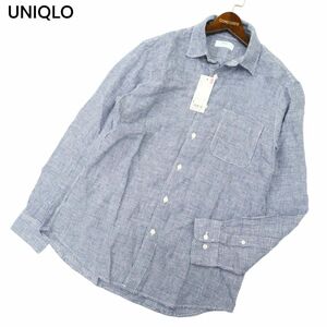 【新品 未使用】 UNIQLO ユニクロ 春夏 プレミアムリネン★ 麻100％ 長袖 ギンガムチェック シャツ Sz.L　メンズ 紺 × 白　C4T01950_3#A