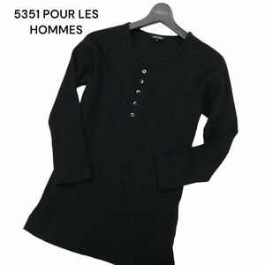 5351 POUR LES HOMMES 5351プールオム 春夏 ヘンリーネック★ リブ ７分袖 カットソー Tシャツ Sz.3　メンズ 黒 日本製　C4T02118_3#D