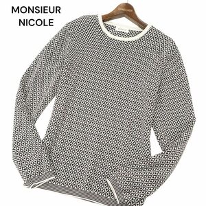 美品★ MONSIEUR NICOLE ムッシュ ニコル 通年 長袖 ジオメトリック柄 ジャカード ニット セーター Sz.46　メンズ　C4T02409_3#L