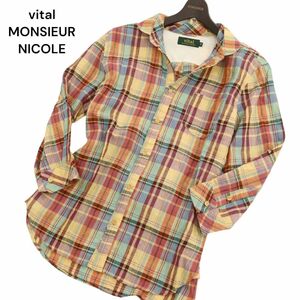 vital MONSIEUR NICOLE ムッシュ ニコル 春夏 7分袖 【麻★リネン100%】 チェック シャツ Sz.48　メンズ　C4T02489_3#A