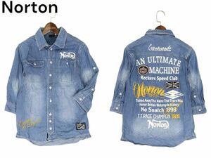 Norton Norton весна лето роскошный!! Logo вышивка * USED обработка 7 минут рукав Work Denim рубашка Sz.S мужской мотоцикл C4T02324_3#A