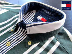 ★100円スタート！トミーヒルフィガー TOMMY HILFIGER ボタンダウンシャツ 長袖 Lサイズ 希少品 クレイジーストライプ グリーン×ネイビー