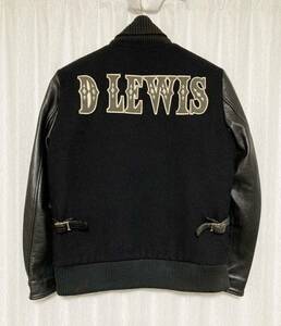 [D Lewis by Dry bones] 復刻 袖レザースタジャン モーターサイクル アワードジャケット 38 牛革 ブラック ディールイス ドライボーンズ