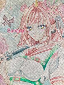 「春爛漫」 手描きイラスト オリジナル B5 水彩　顔彩　制服　女の子　日本刀　桜