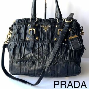 【良品】PRADA プラダ　ギャザー　2way ハンドバッグ　ショルダーバッグ　本革　ナッパレザー　ゴールド金具　白タグ　黒