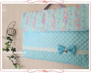 おリボンなし◆シェルパール＊ボーダー＊貝殻＊pastel mint blue◆防災頭巾カバー＊背もたれ＊