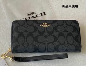 新品 COACH 長財布 メンズ　レディース　シグネチャー　ブラック　金具ゴールド