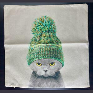 クッションカバー ねこ 45ｘ45 リネン 猫柄 かわいい ネコ ニット帽の画像2