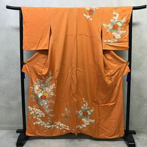  kimono total pattern . tsukesage silk .. orange color four season . flower spring summer autumn winter dress length 160cm sleeve length 64cm 0312-12y