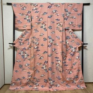 着物　総柄　袷　小紋　ピンク色系　建物　菱形　春夏秋冬　長丈　着丈162cm 裄丈63cm 0319-5m