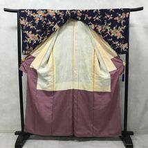 着物　総柄　袷　小紋　正絹　春夏秋冬　濃い紫色　四季草花　着丈160cm 裄丈64cm 0319-24y_画像6