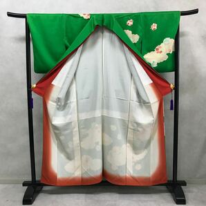 着物 総柄 袷 付下げ 正絹 春夏秋冬 四季草花 緑色 着丈156cm 裄丈65cm 0321-07yの画像6