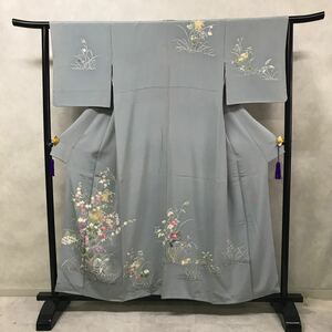 着物　総柄　袷　訪問着　正絹　春夏秋冬　四季草花　淡い水色　落款　着丈153cm 裄丈61cm 0321-38y