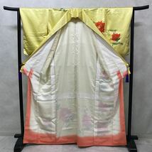 着物　総柄　袷　付下げ　正絹　春夏秋冬　お花　綸子　黄色　着丈164cm 裄丈63cm 0321-41y_画像6