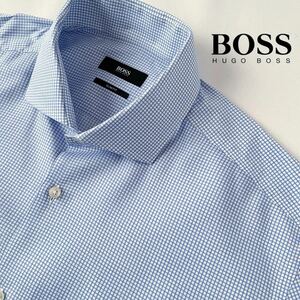 (極美品) ヒューゴ ボス HUGO BOSS ワイドカラー 長袖シャツ 40 15 3/4 (日本L) ブルー ホワイト チェック柄 シャツ 