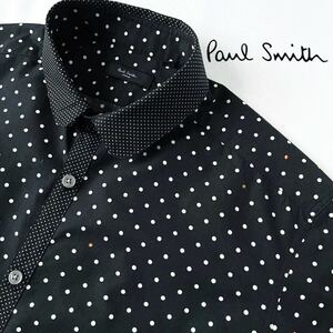 (美品) ポールスミス Paul Smth LONDONドット ラウンドカラー 長袖シャツ L ブラック ホワイト ラウンドタブカラー シャツ 